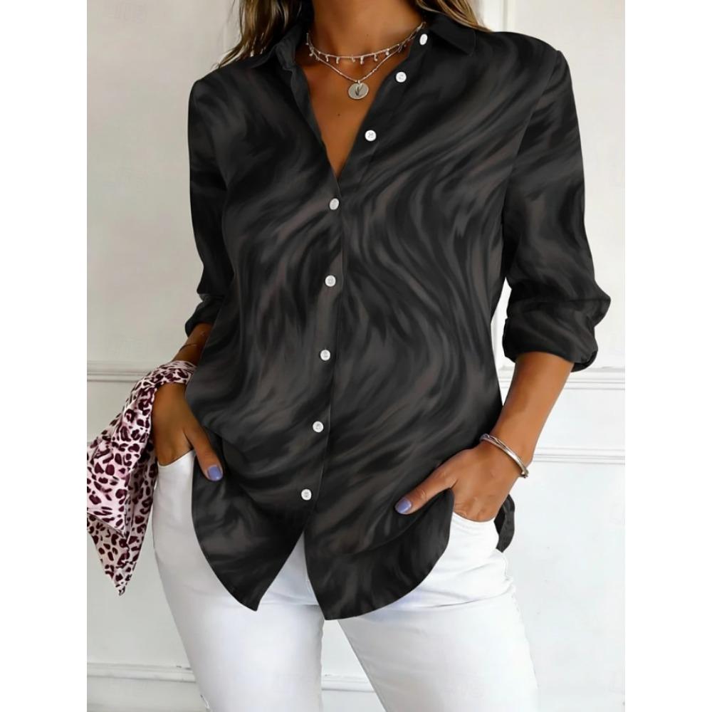 Abstract Floral Print Women Blouse Spring Autumn Femme Office Lady Button Up Turn Down Collar Shirts