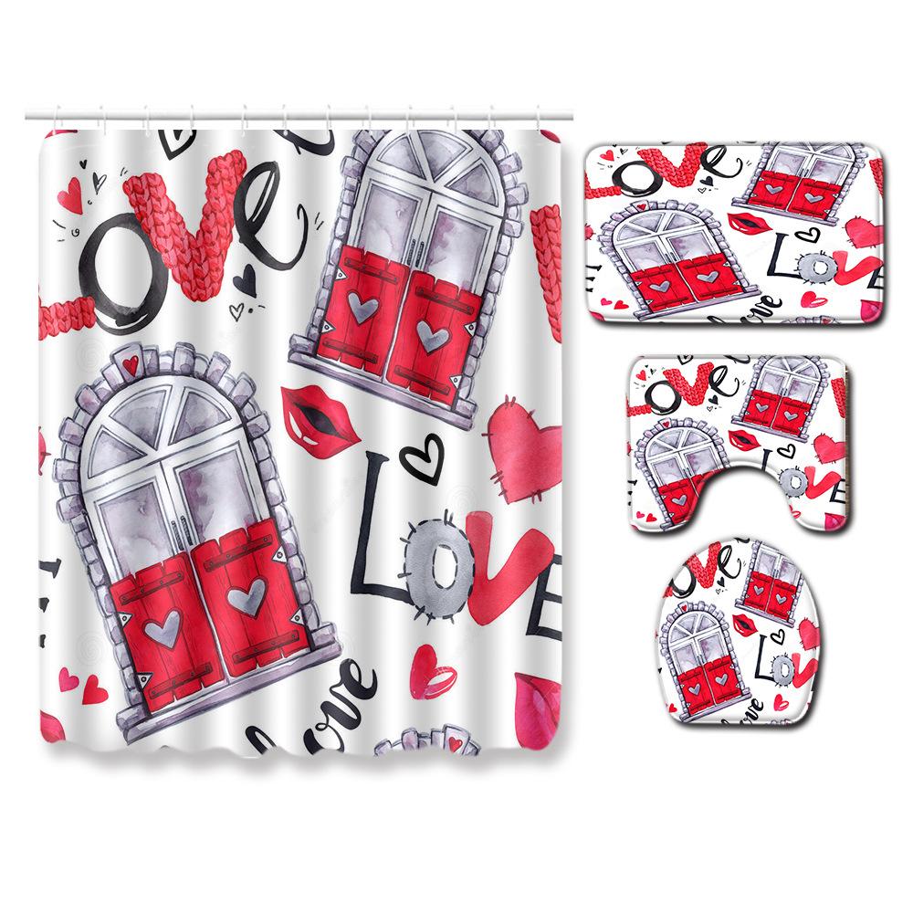 Valentine'S Day Toilet Shower Curtain Four-Piece Printed Floor Mat Set Bathroom Floor Mat Bedroom Absorbent Door Mat Carpet