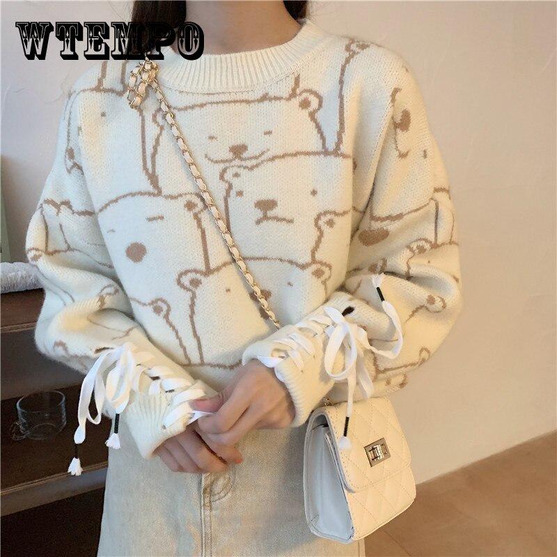 

Harajuku Корея забавный вязаный свитер с длинными рукавами с героями мультфильмов, женский осенний милый свободный свитер с высоким воротом, модный повседневный женский свитер