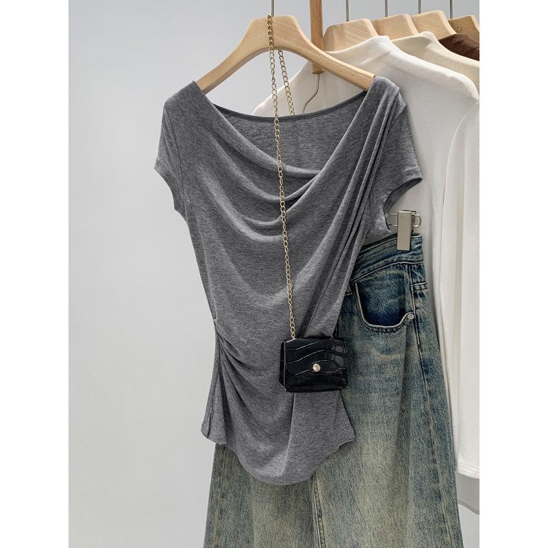 Korean Style Lyocell Tencel Wool Asymmetrical Shoulder Short Sleeve T-Shirt Summer 2026 Temperament Top