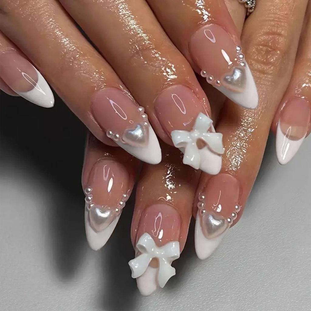 Almond-Shaped White French Detachable Pearl Bow Fake Nails