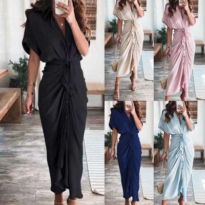 Maxikleid mit kurzen Ärmeln, hoher Taille, Damen, Knöpfe, einfarbig, drapiert, Tunika