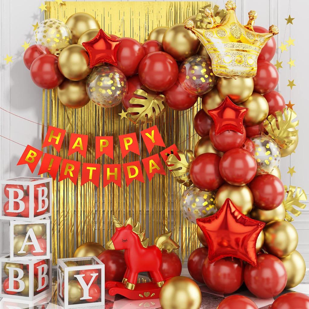 Red Green Gold Balloon Banner Set Tassel Happy Birthday Decor Kit
