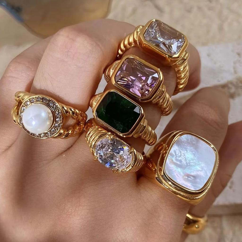Multicolour Square Zircon Crystal Stainless Steel Finger Ring for Women Gold Plated Chunky Croissant Texture Waterproof Jewelry