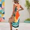 Women Plus Size Sleeveless U Neck Printed Gradient High Side Slit Long Dress