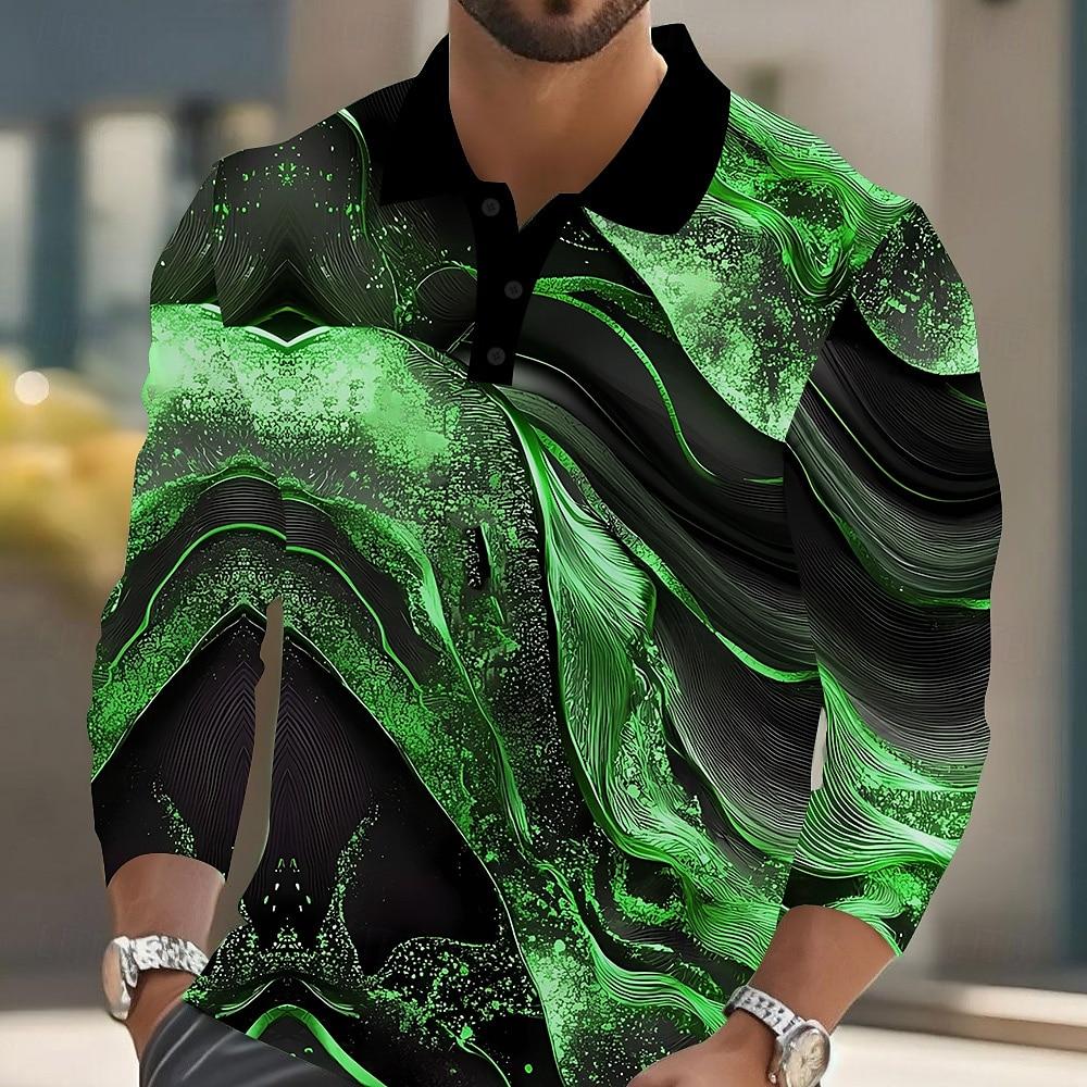 Men's Abstract Marble Long Sleeve Polo Shirt Breathable Business Casual Top Slim Fit Quick Dry Multi Colors Fall Winter
