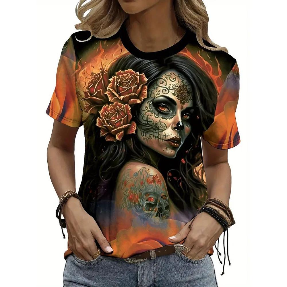 Women Skull Print T-Shirt For Print Harajuku Short Sleeve Tops Autumn O Neck Oversized Sweater Female Casual Clothes