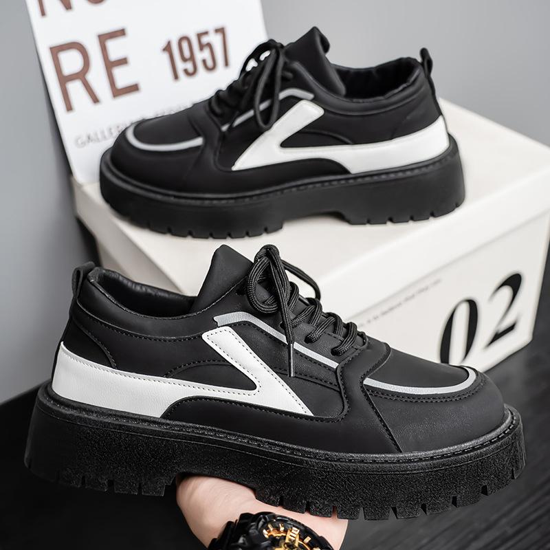 Fashion Black Men's Platform Shoes Niche Design Retro Casual Sneakers Trendy All-match Height-increasing Vulcanized Shoes 2025