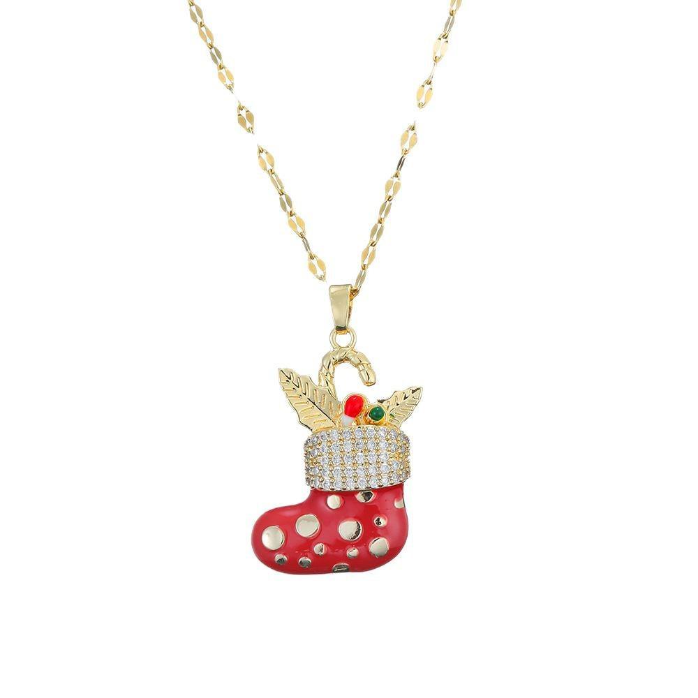 Women's New Year Zircon Clavicle Necklace - Christmas Red Sock Charm with Micro-Paved Zircon.