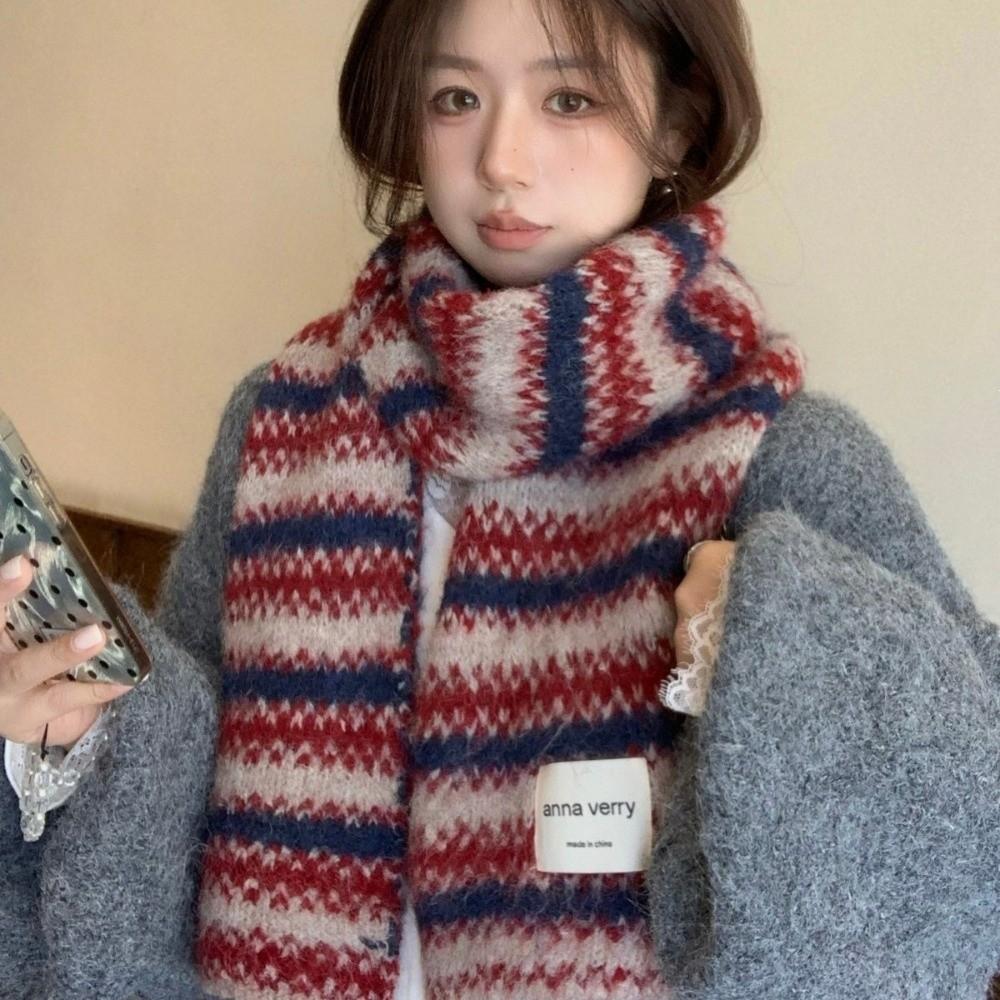 Warm Striped Knit Scarf 164cm X 30cm Winter Neck Warmer Fleece Lined Scarf  Outdoor Wear