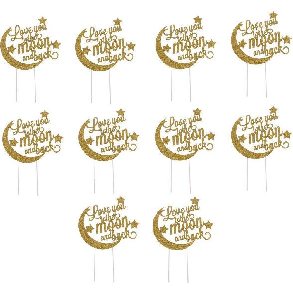 Wedding Cake Topper Love You To The Moon and Back Cupcake Toppers Toothpicks Dessert Cake Decor for Weddings Engagement Birthday Party - Golden