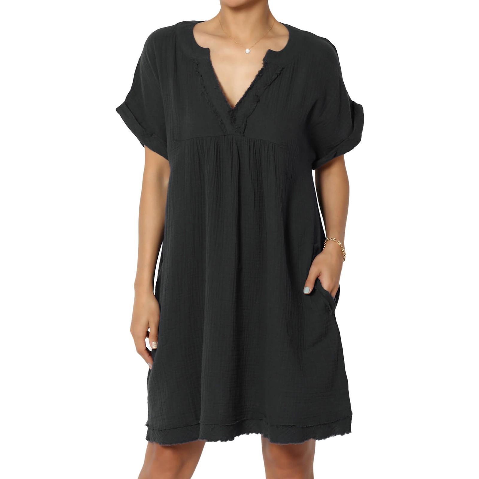 

Женское повседневное свободное хлопковое платье Babydoll с короткими рукавами и V-образным вырезом PLUS M чёрный