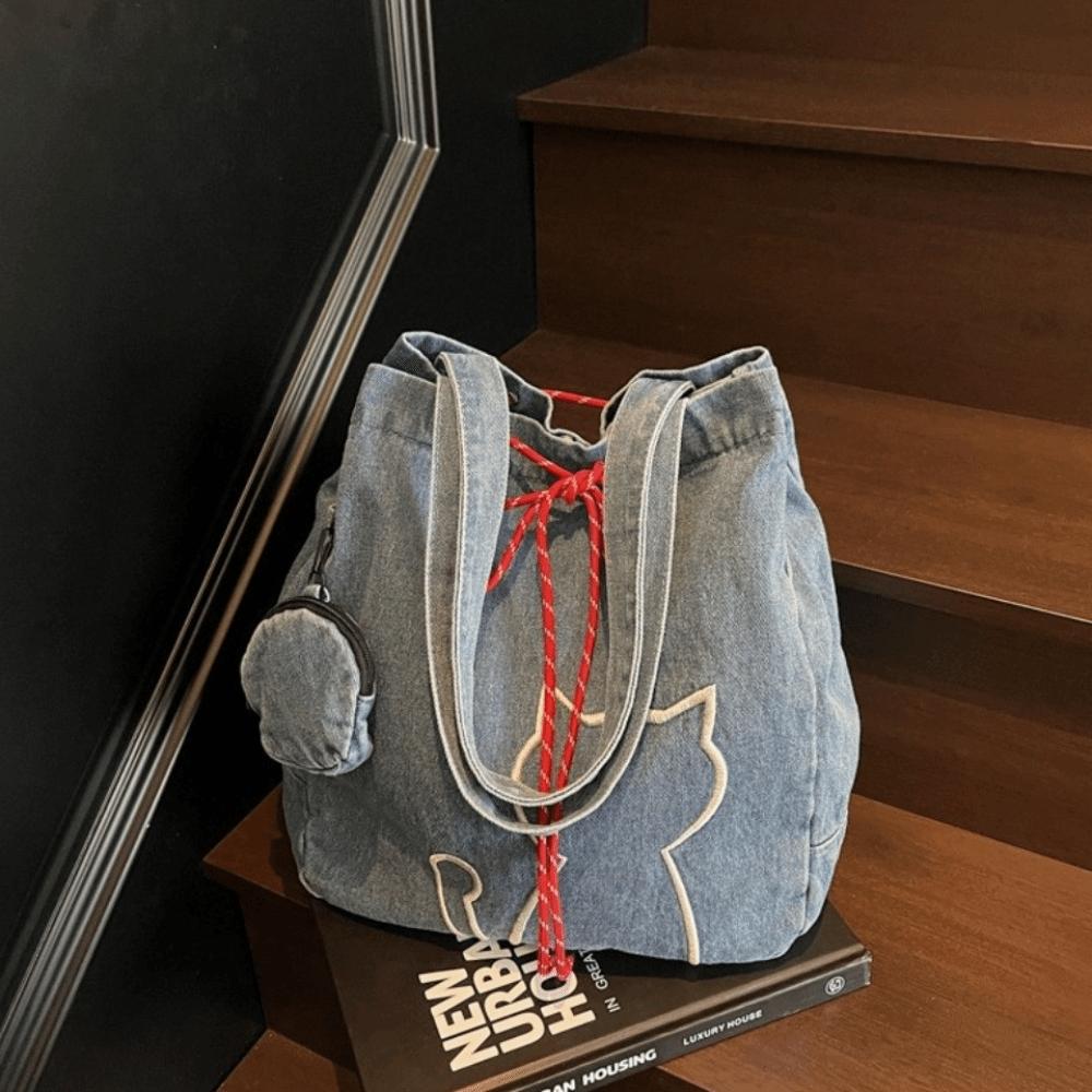 Denim Women Tote Bags Vintage Drawstring Bag Leisure Kitty Shoulder Bags  Commuting