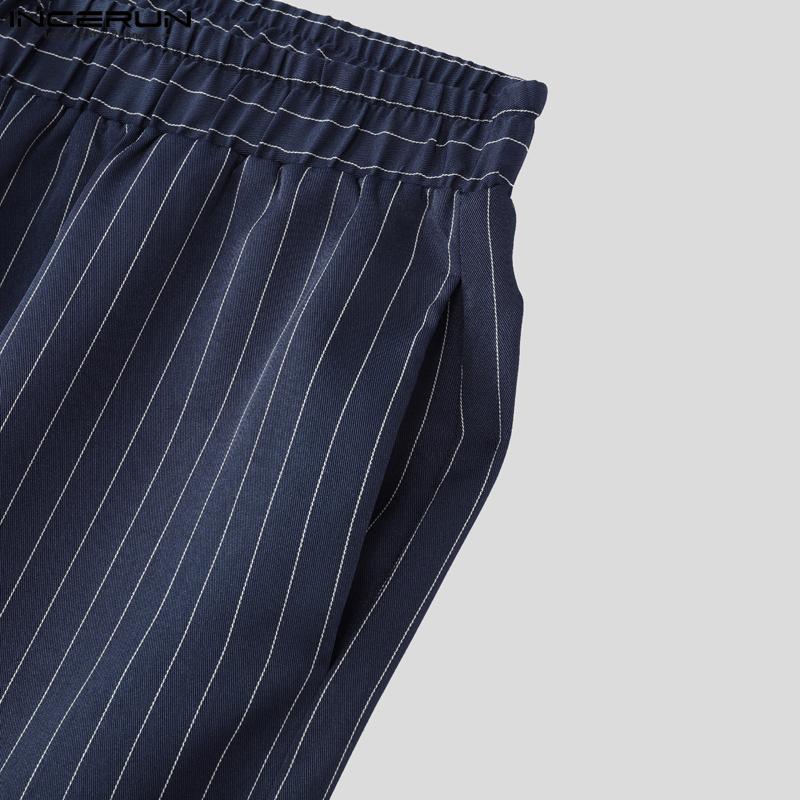 INCERUN 2PCS Men Tie Up Neck Short Sleeve Shirt Long Straight Pants Striped Sets