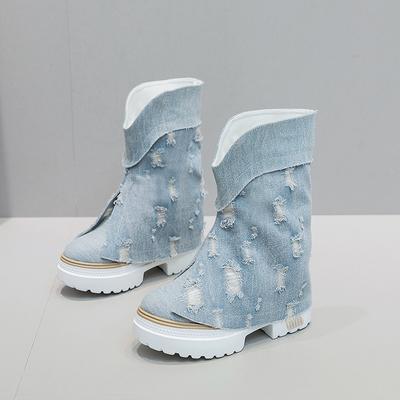 Dikkere Zolen Laarzen Vrouwen Lente en Herfst 2025 Nieuwe Denim Dameslaarzen Lage Schacht Casual Verhoog Hoogte Schoenen Vrouwelijk Middenkalf