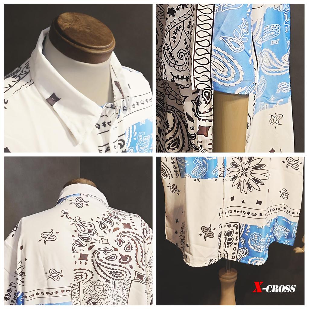 Short Sleeve Plus Bandana Paisley Open Loose American Short Korean Street Sizes Lightweight White X-cross Men's Shirt, Size, Casual, Stylish, Summer,