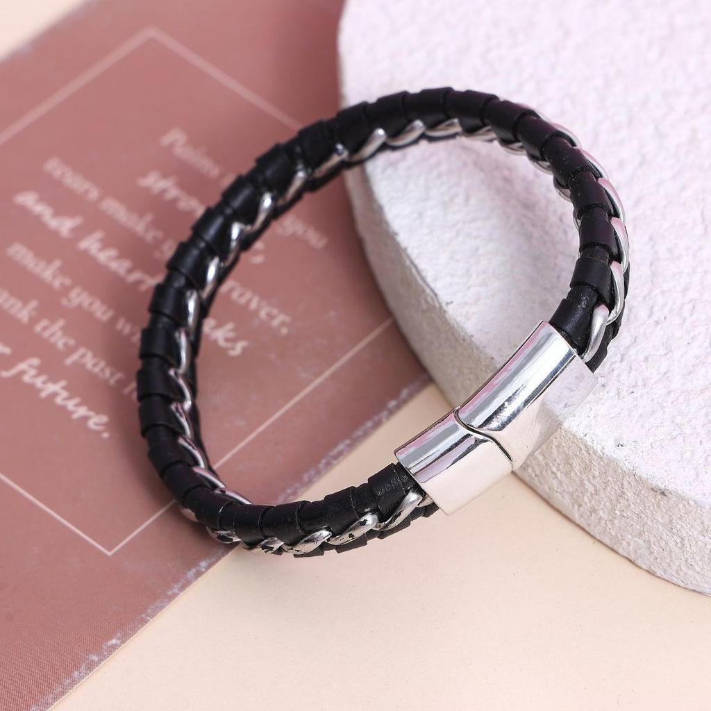 Men's Titanium Steel Woven Leather Bracelet: European-American Style, Korean Trend, Simple Bangle