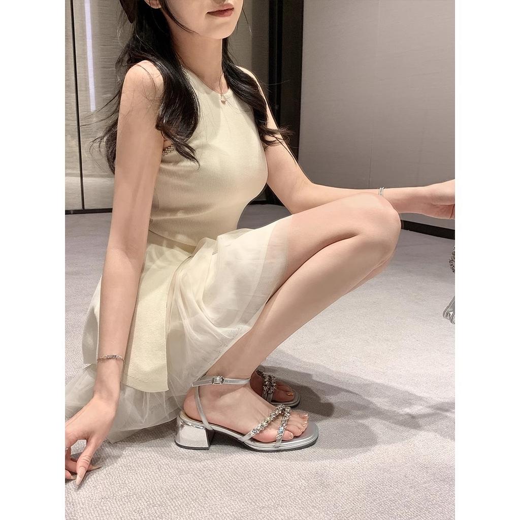 Sheepskin version~ Rhinestones with open-toed thick high-heeled sandals for women