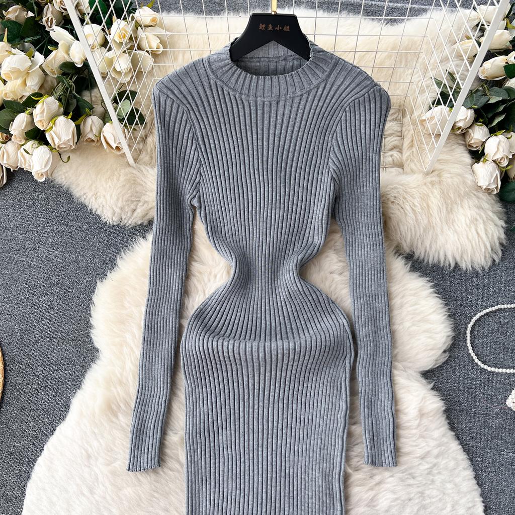 Abito aderente a maniche lunghe a maniche lunghe con scollo a O elegante elegante da donna Abito aderente in maglia aderente alla moda sexy con abiti elastici sottili