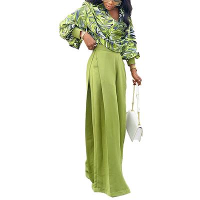 Women Two Piece Print Outfits Cowl Neck Top Wide Leg Pants Casual Long Sleeves Shirt Pants Set