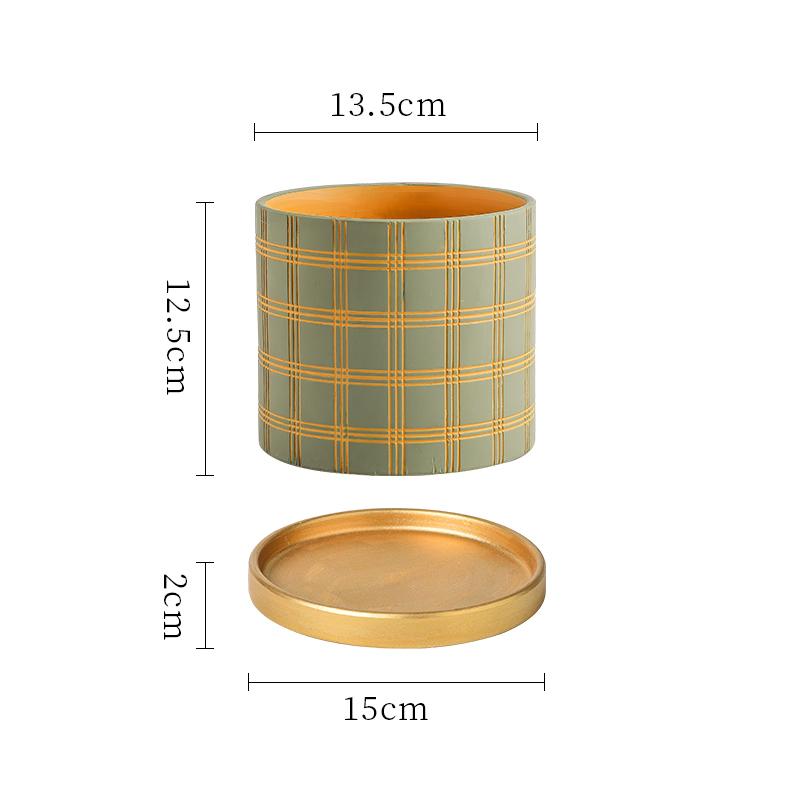 Nordic Stripe Plaid Pattern Ceramic Flower Pot Indoor Vintage Flower Plant Potted with Saucer Vase Living Room Office Flower Pot