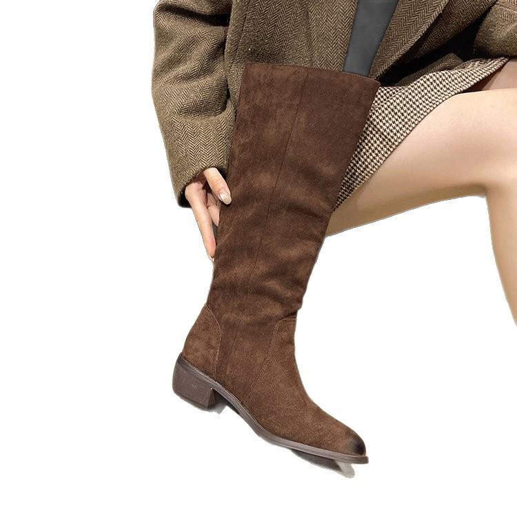 Herbst 2025: Neue Retro-Stiefel für Damen, plissierte Western-Cowboystiefel mit dickem Absatz, Ritterstiefel mit dickem Absatz
