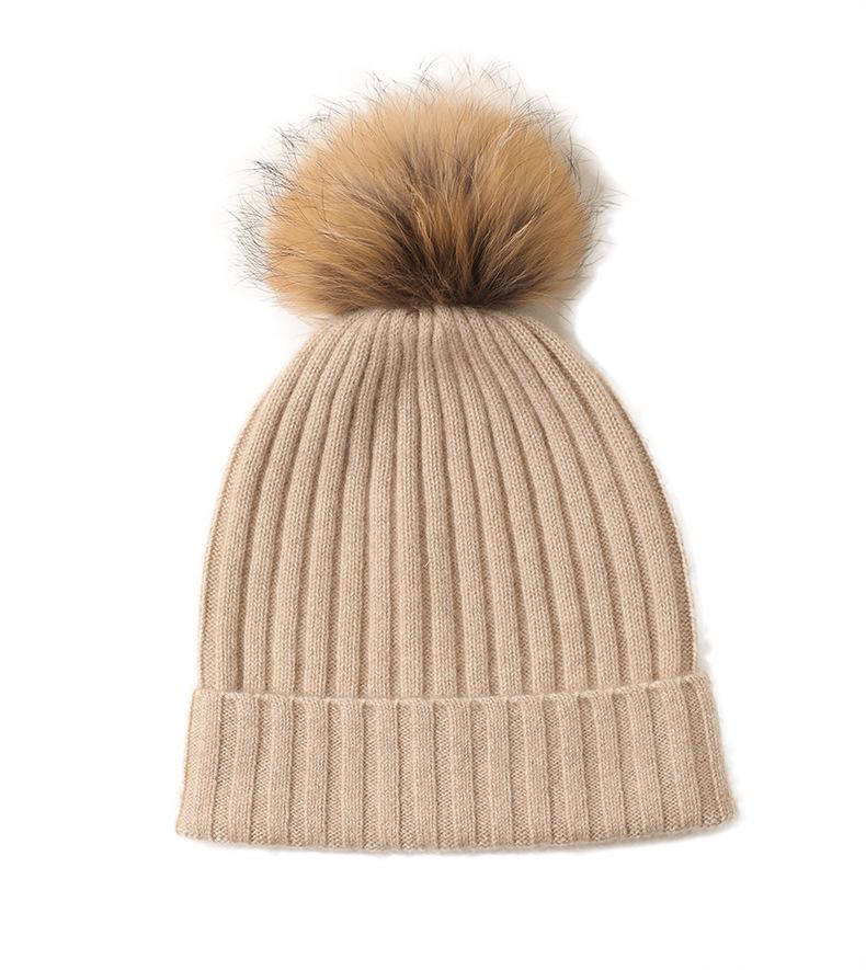 Autumn  Winter Korean Style Knit Cashmere Hat with Raccoon Fur Pom Pom - Women s Cold Protection One Size