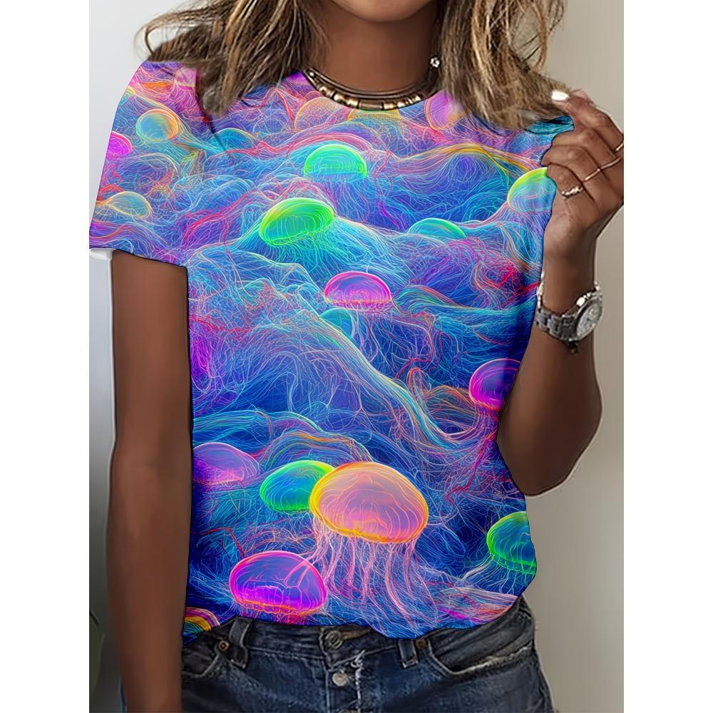 

New Summer Collection for 2026! Fashionable and Colorful Jellyfish 3D Printed T-shirt,loose and Slimming Versatile Top for Women S