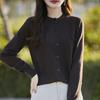Autumn and Winter Top Rolled Edge Pocket Pure Cotton Sweater Round Neck Long Sleeve Korean Cardigan Women's Style
