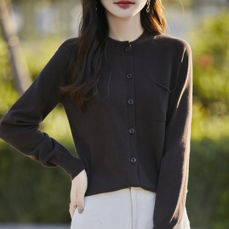 Autumn and Winter Top Rolled Edge Pocket Pure Cotton Sweater Round Neck Long Sleeve Korean Cardigan Women's Style