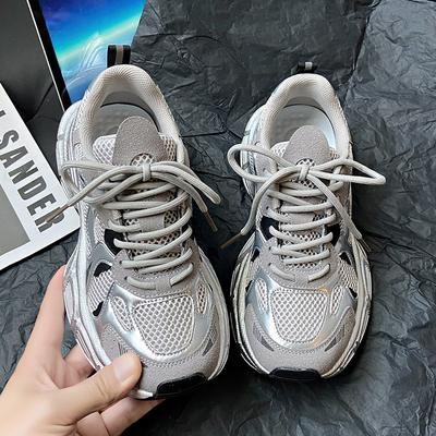 Daddy Schuhe Damen Frühjahr 2025 neu silber atmungsaktiv vielseitig leicht dicksohlig höhenverstärkend Sport- und Freizeitschuhe
