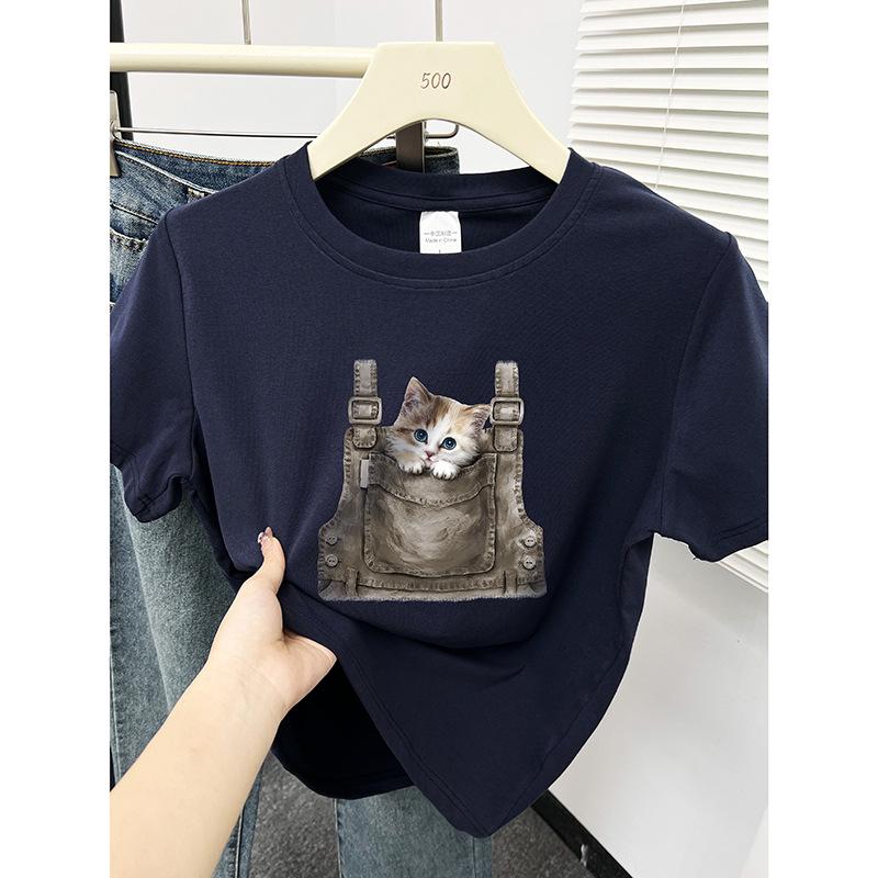 

Women s Cute Kitten Print Round Neck Slimming T-Shirt - Korean Style, Petite Fit, Short Sleeve, Summer Top XL темно-синього кольору