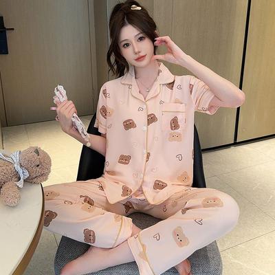 Pajamas Female Cute Sweet Bear Summer Cardigan Short Sleeve Trousers Loose Large Size Loungewear Set