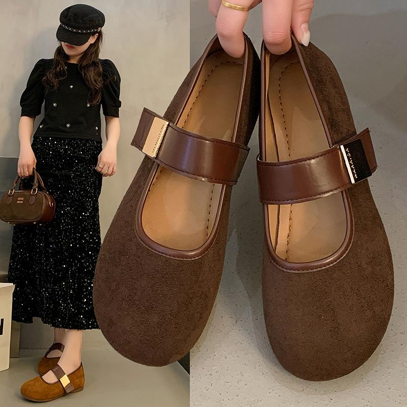 Retro Wildleder Mary Jane Schuhe für Damen 2025 Frühling neu flacher Mund Ein-Wort-Riemen flache Sohle Schuhe mit Rock Oma-Schuhe
