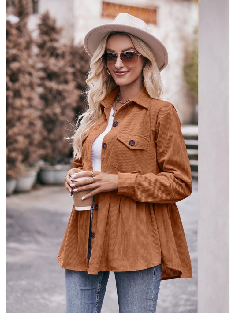 Women's 2024 Corduroy Shirt Long Sleeve Lapel Single-Breasted Thermal Blouse with Pockets, Autumn Winter Warm Stretchy Tunic Top for Casual & Office