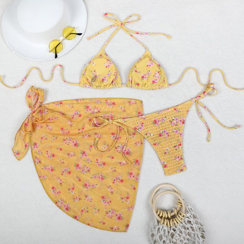 Europäisches und Amerikanisches Bedrucktes Dreiteiliges Bikini-Set mit Gaze-Rock - Sexy Urlaubs-Badeanzug