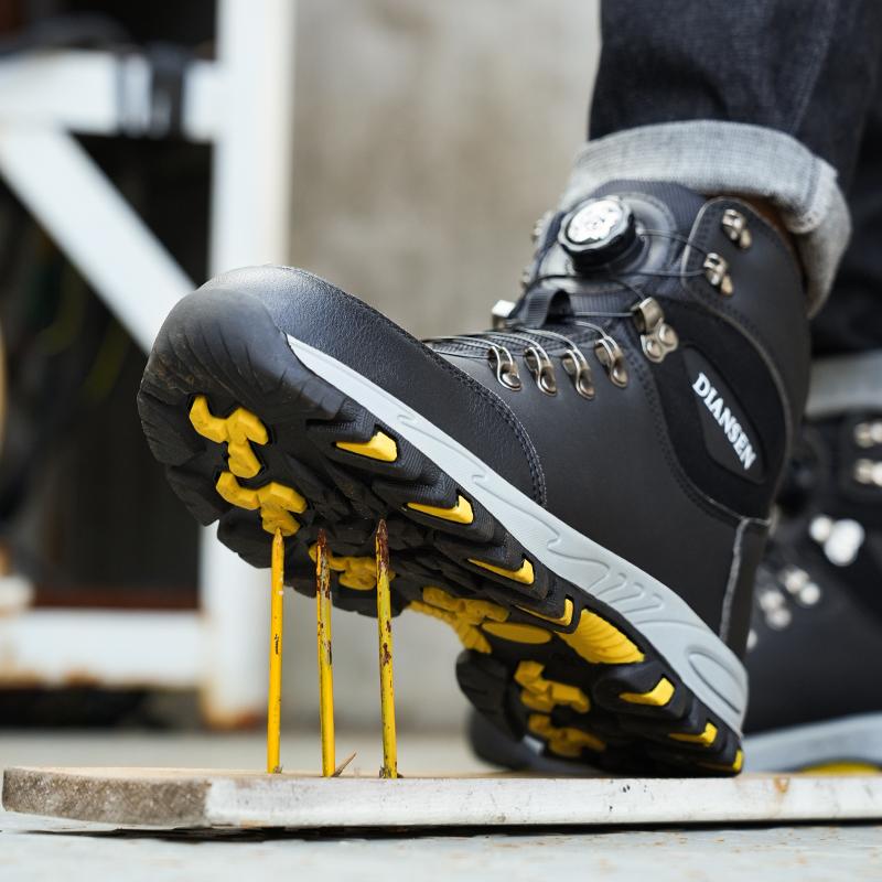 Safety Boots Rotary Button Ankle Support Waterproof Steel Toe Work Boots Non Slip Rubber Sole Leather Industrial Shoes 36-46