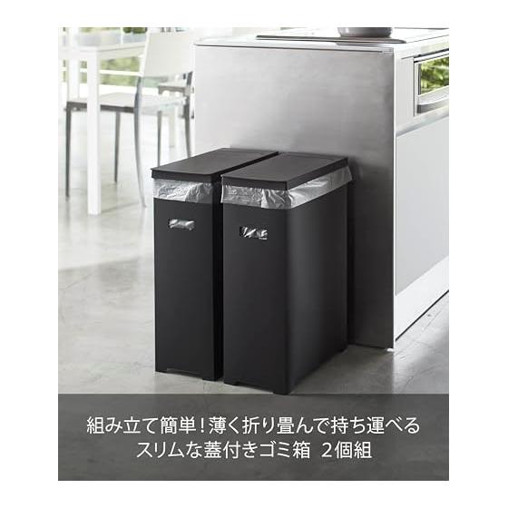 Yamazaki Jitsugyo 5206 Trash Can with Slim Lid, Set of 2, Black, Approximately W19 x D40 x H54cm (per piece), Can be folded and carried