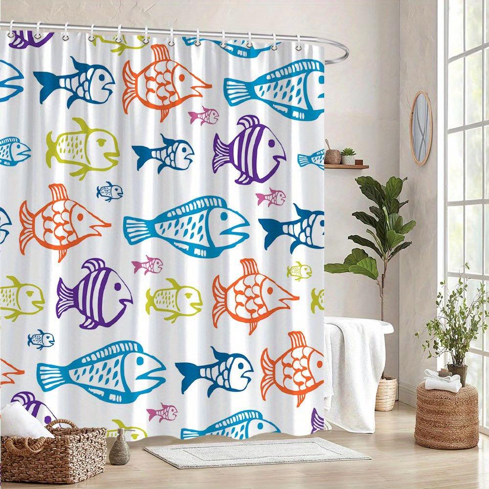 1 Bright Fish Shower Curtain With Exotic Cartoon Fish, With Hooks, Polyester Fabric, Machine Washable, Suitable For Bathroom