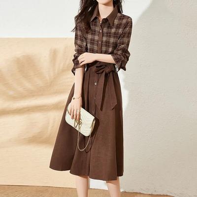 Shirt Dress Women's Spring Autumn Korean Retro Chic Elegant Knee-length Fake Two-piece Dress