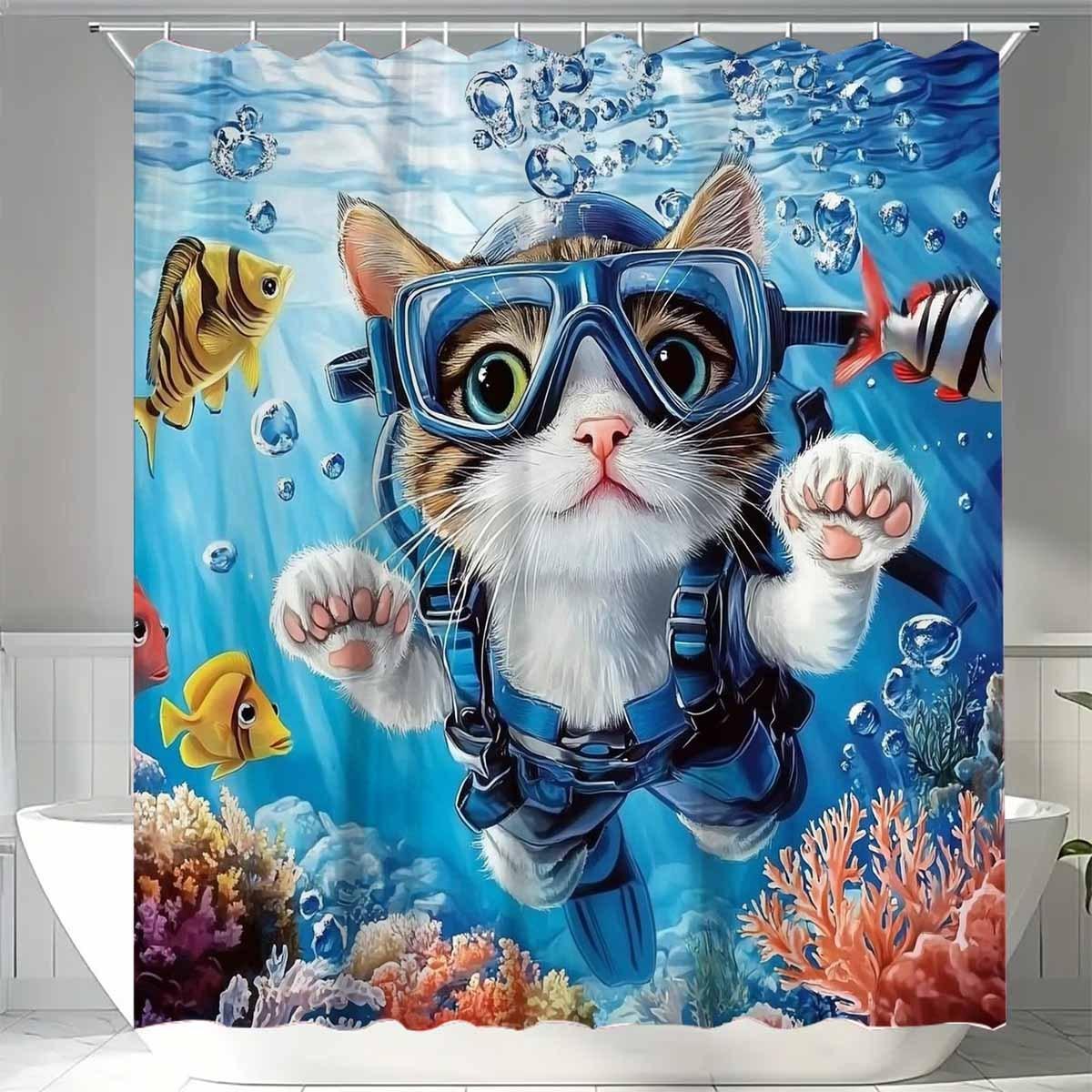 

Cute Cat Scuba Diving Waterproof Shower Curtain For Bathroom Decor, Unique Art Design, Vibrant Colors, Modern Fashion W60H190(CM)-1 Pcs