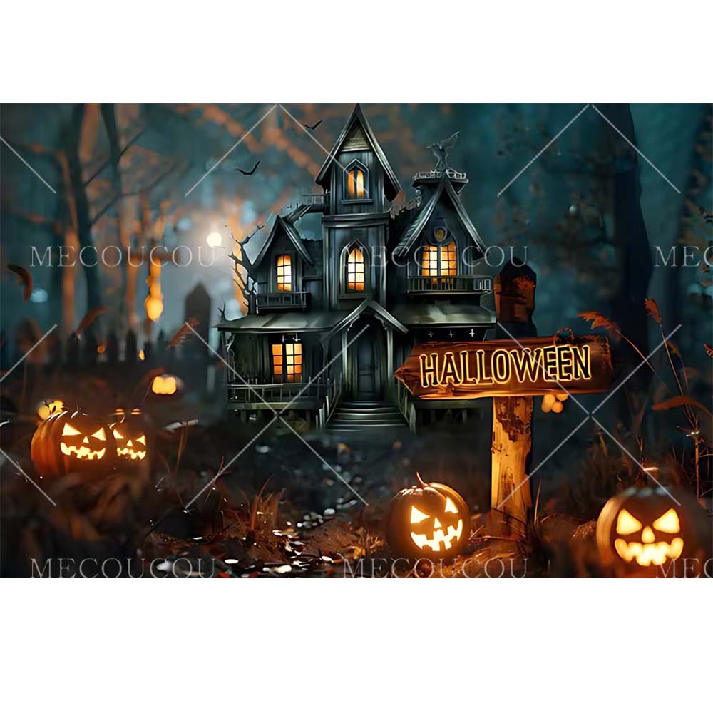 Halloween Backdrop Horror Night Full Moon Pumpkin Skull Castle Cemetery Halloween Party Adult Kids Background Decor Customized