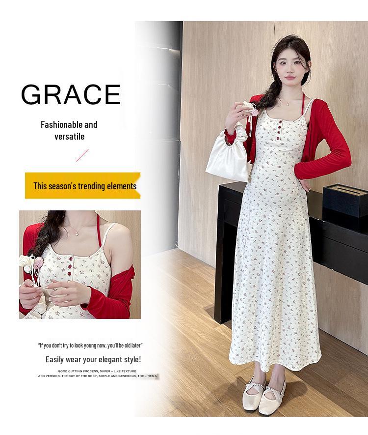 2026 Summer Floral Camisole Dress & Red Sun Protection Cardigan Set