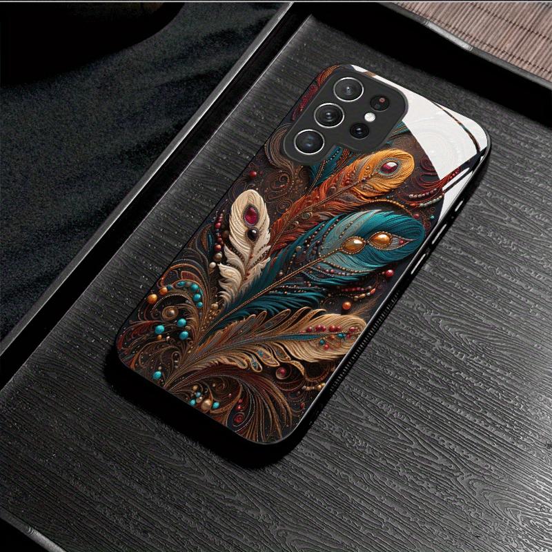 Creative retro gemstone feather glass phone case suitable for Samsung Galaxy S26 S25 S24 S22 S21 S20 FE/Ultra/Plus hard case