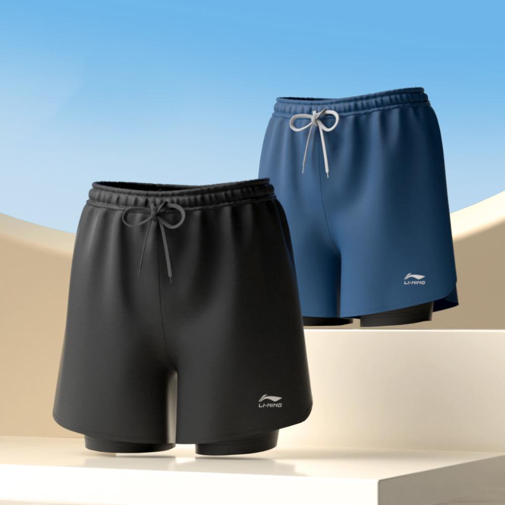 Li Ning Swimming Shorts Men's Black[Double Layer Design, Amphibious Use] Moderate Mid length Swim Shorts LNYK