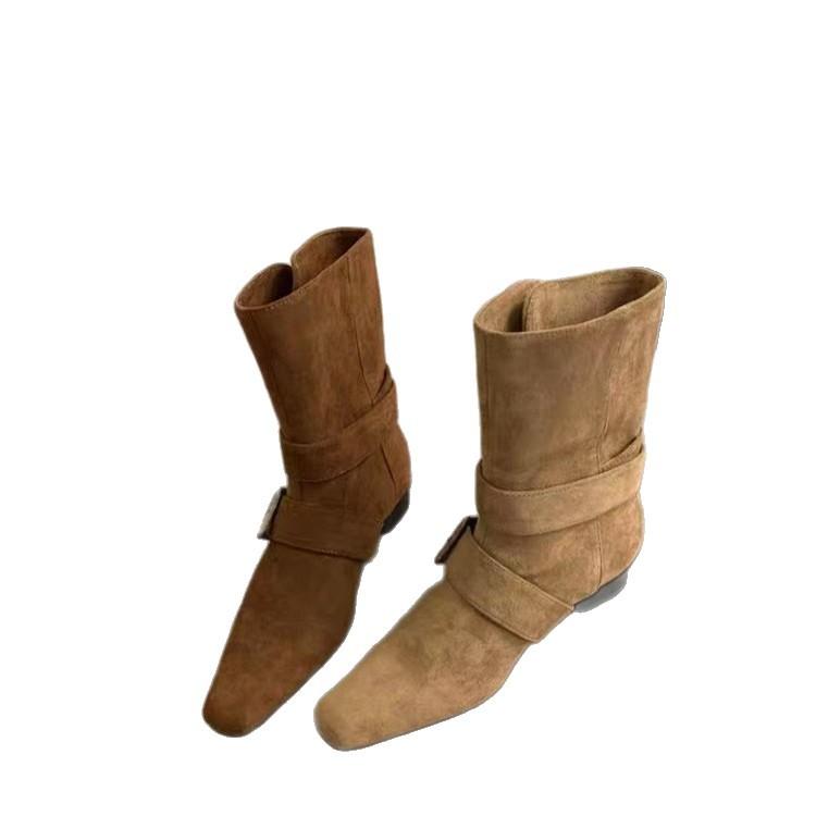 2025 autumn new niche design retro French short boots small square head western boots suede medium boots women's boots