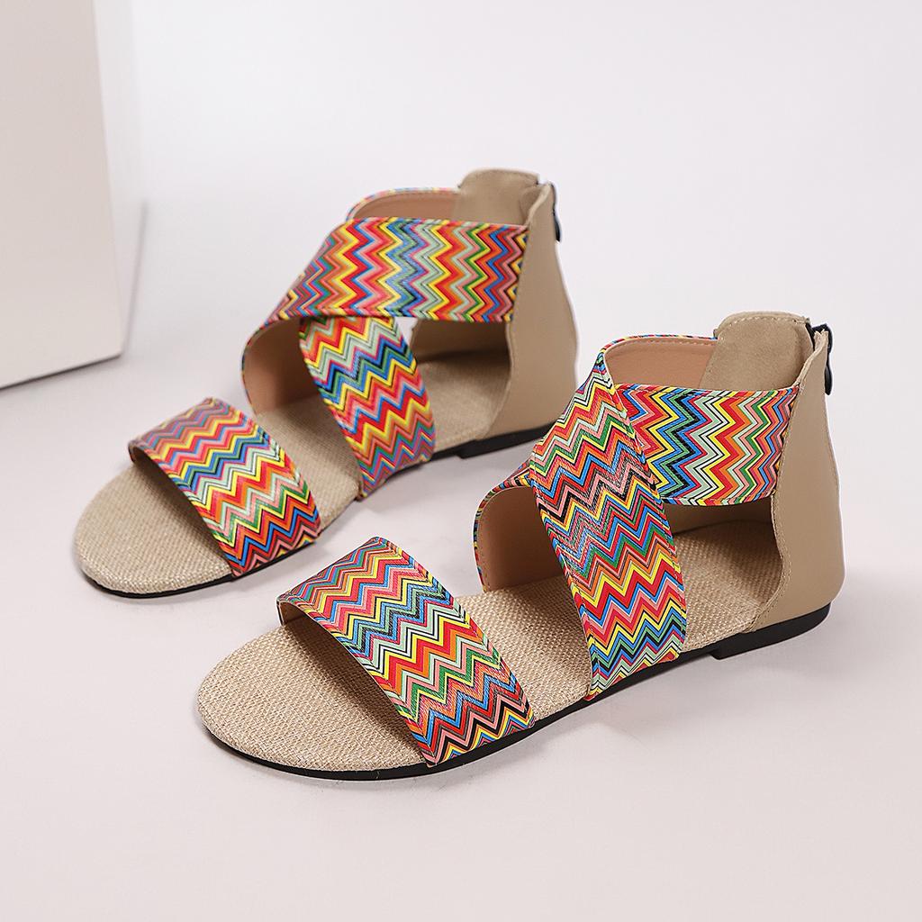 Fashion Summer Women Plus Size Ethnic Style One Word Wide Strip Multicolor Woven Strap Back Zip Anti-Slip Beach Sandals