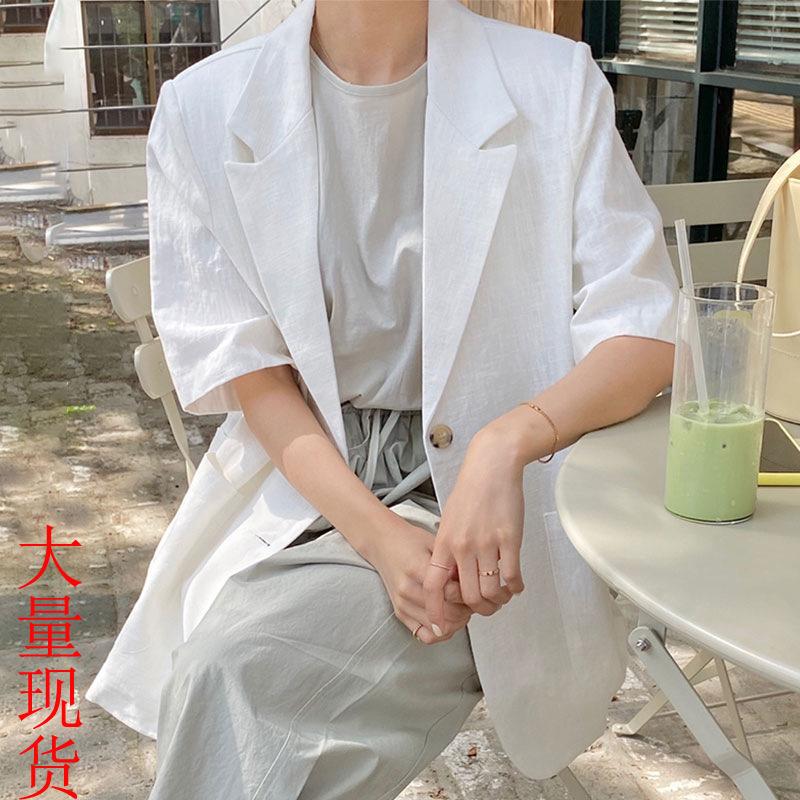 Women s White Linen Blend Blazer With Short Sleeves Onesize