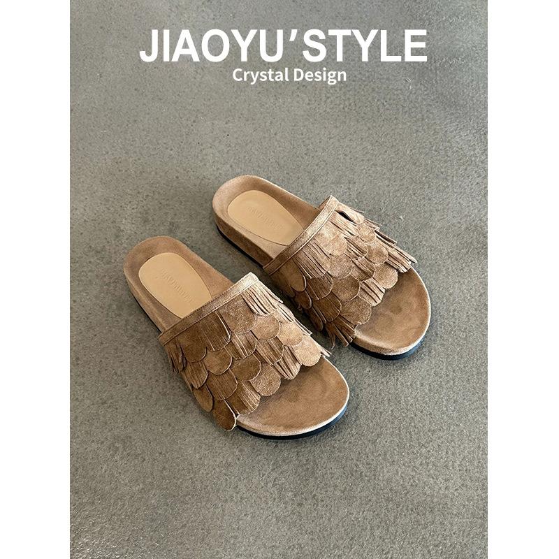 

[Fanfna] French tassel cool slippers women s summer vacation style beach sandals high-end flat bottom one-word 35 абрикосовый