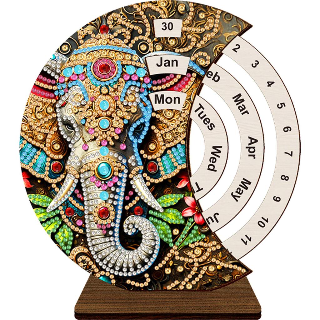 DIY Diamond Art Painting Kit Unique Wooden Rotating Calendar Manually Changing Date Calendar for Home and Office Decoration